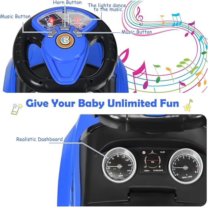 Costzon 3 in 1 Ride on Push Car, Stroller Sliding Walking Car with Horn, Music, Light, Under Seat Storage, Parental Handle, Armrest Guardrails, Ride on Toy for Boys & Girls (Blue)