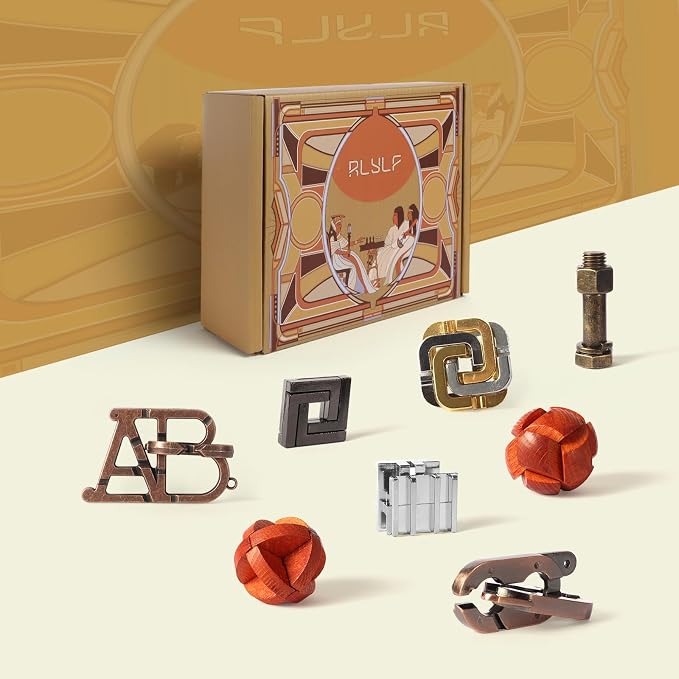 RLYLF 8 Pcs Brain Teaser Puzzles Favor Educational Toys Mind Puzzles Ancient Wooden and Metal 3D Unlock Interlock IQ Puzzles Box Game