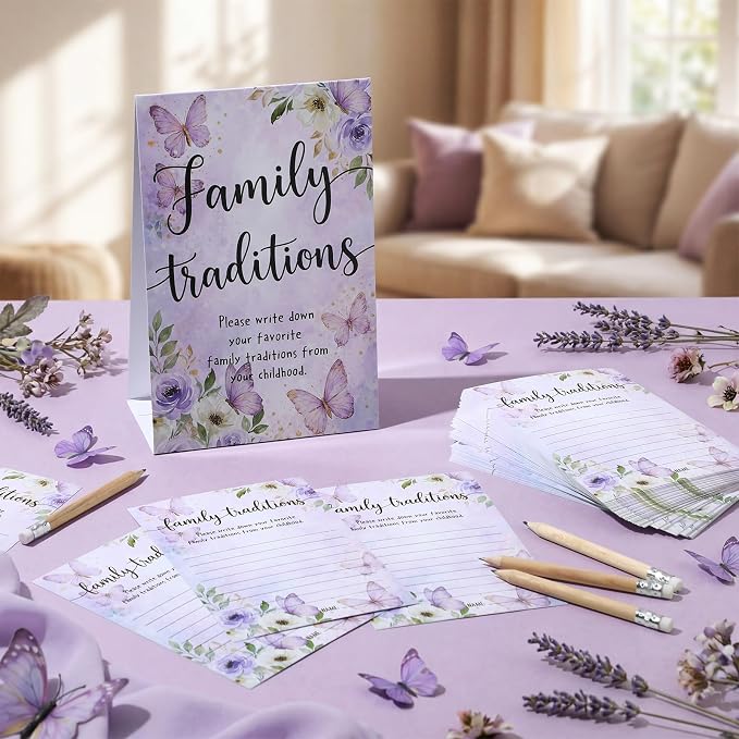 Fumete 61 Pieces Family Tradition Baby Shower Games Include 1 Family Traditions Standing Sign and 50 Activities Cards with 10 Pencils for Gender Reveal Bridal Shower Wedding(Purple,Butterfly)