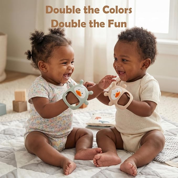 2 Pack Baby Teething Toys for 3-6 6-12 Months, Upgraded Silicone Teething Mitten with Anti-Dropping Wrist Design, Soft Sensory Baby Teether Toys, BPA Free Infant Chew Toys,Green & Nude（Duck）