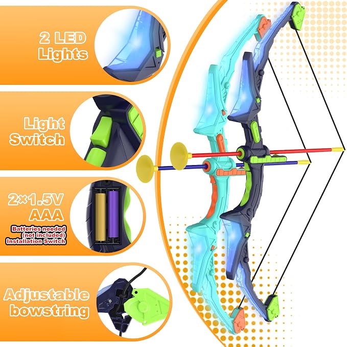 Kmuxilal 2 Pack Kids Bow and Arrow Set with LED Flash Lights, 14 Suction Cup Arrows and Fluorescence Standing Target-Perfect Indoor and Outdoor Game Archery Set Toy Gift for 4 5 6 7 8-12 Year Old Boys