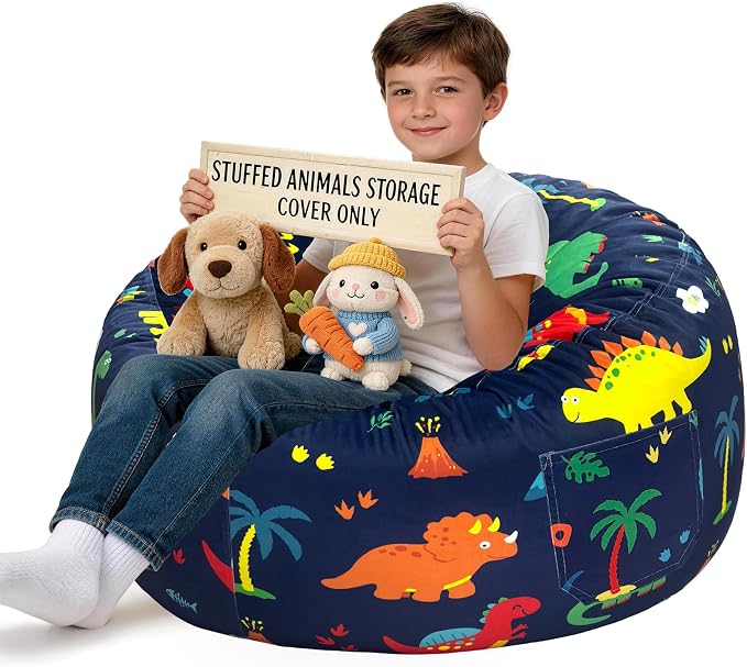 Lukeight Dinosaur Stuffed Animals Storage Bean Bag Chair Cover for Kids, Cozy Velvet Plush Toy Organizer Seat, Cover Only, No Filling Included, Long YKK Zipper, Side Pocket, X-Large 30 x 18 in