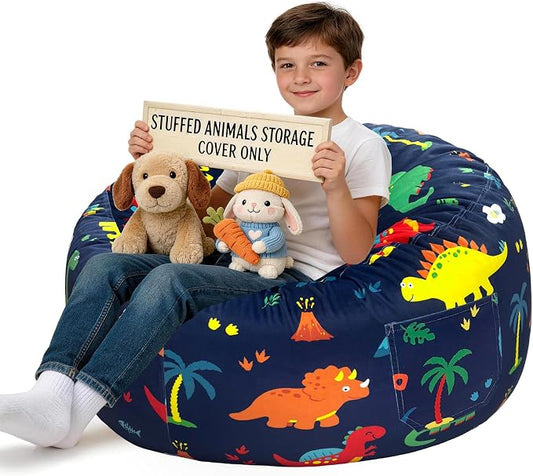Lukeight Dinosaur Stuffed Animals Storage Bean Bag Chair Cover for Kids, Cozy Velvet Plush Toy Organizer Seat, Cover Only, No Filling Included, Long YKK Zipper, Side Pocket, X-Large 30 x 18 in