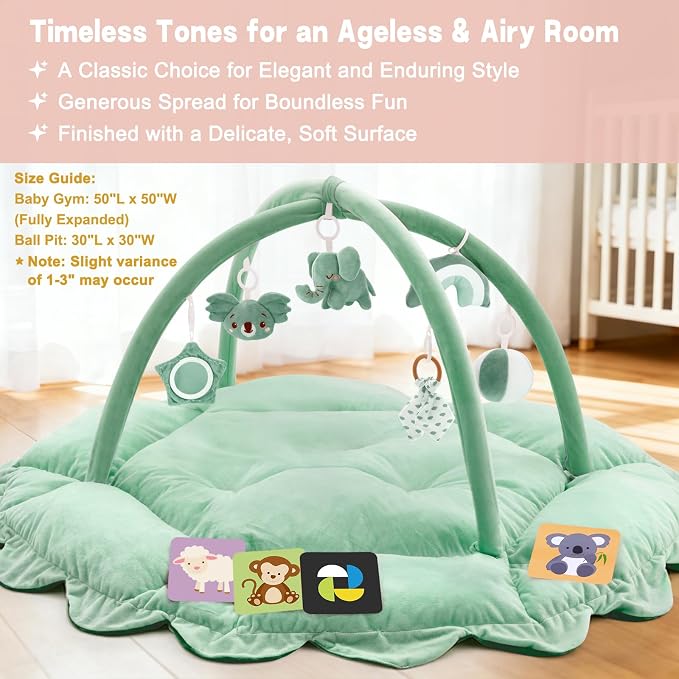 5-in-1 Baby Activity Gym & Play Mat with 6 Hanging Toys, Tummy Time Mat & Cards - Extra Large, Reversible Machine Washable Pad - Gift for Newborns, Infants 0-12 Months, Sage Green