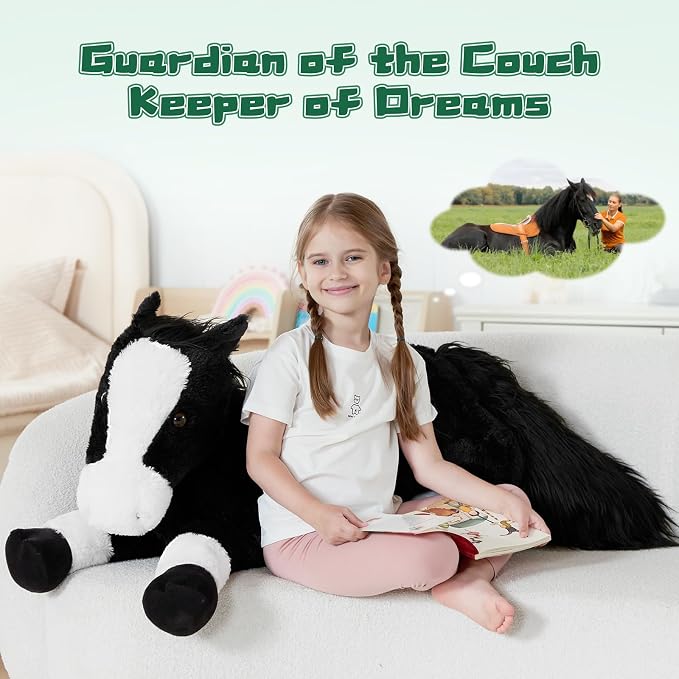 Tezituor 4ft Giant Black Horse Stuffed Animal, Realistic 47 inch Large Stuffed Horse Plush Toy for Boys Girls, Hugging Soft Pony Body Pillow Birthday Gift for Boys Girls