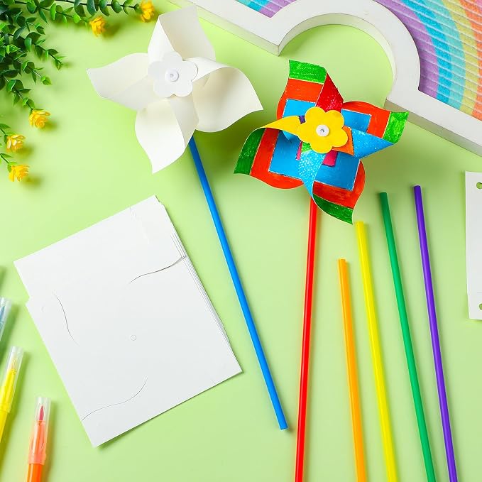 Poen 48 Pcs DIY Pinwheels for Kids Bulk, Color Your Own White Pinwheels Summer Activity Paper Craft Coloring Patriotic Blank Windmills VBS 4th of July Sunday School Party Favor Supplies, 5 Inches