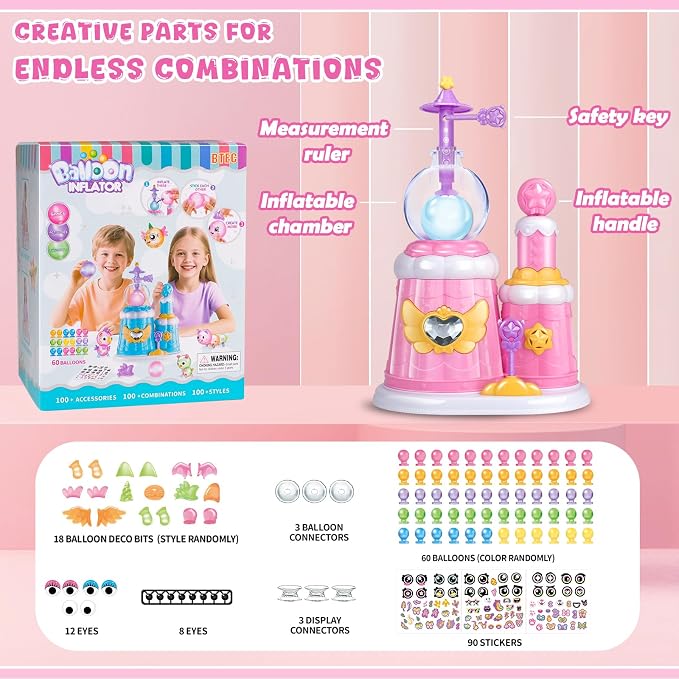 BTEC 195PCS DIY Princess Magic Balloon Craft Kits, Sticky Balloon Maker Toy with Pump & Bouncy Balloons & 3D Stickers & Accessories, Christmas Activity, Birthday Toy Gifts for Kids Boys Girls Ages 3+