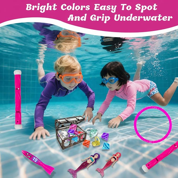 30 Pcs Diving Pool Toys for Kids Ages 3-12 - Little Mermaid Toys for Girls, Dive Sticks, Treasure Chest, Pink Shark Torped & Gems with Storage Bag, Summer Swim Water Toys for Pool Games, Bath & Party