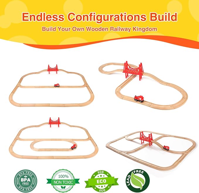Wooden Train Tracks 60 Piece Set, Track Expansion Accessories for Toddlers 3-5 - 100% Compatible with All Major Brands Including Thomas & Brio Wooden Railway System
