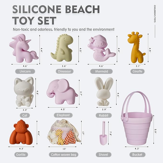 MarcZero 11Pcs Silicone Beach Toys,Collapsible Sand Bucket,Modern Baby Beach Toys,Travel Friendly Beach Set,Silicone Bucket,Shovel,Sand Molds, Beach Bag,Silicone Sand Toys for Toddlers, Kids (Purple)