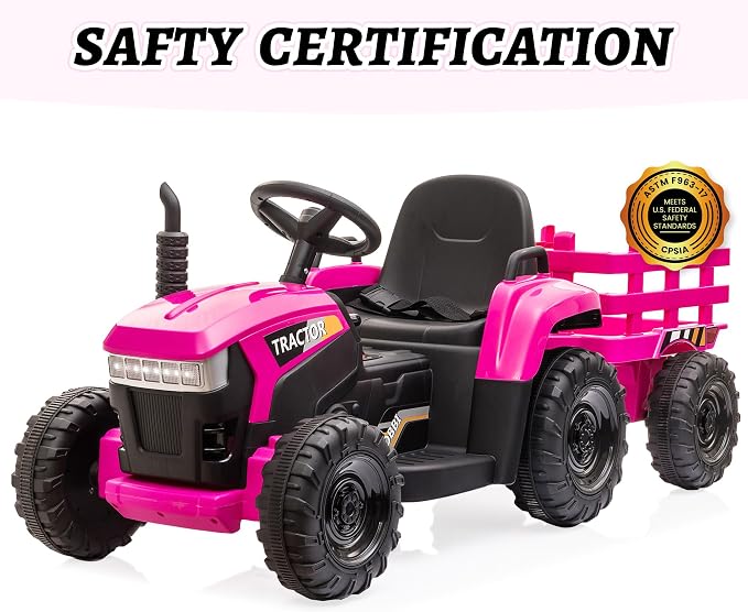 TOBBI Kids Electric Ride On Toy Tractor, Toddlers 12V Battery-Powered Car to Drive, 35W Dual Motor 6-Wheels Trailer Vehicle with 3-Speeds/LED & Horn Functions for Chirdren Aged 3-8-Pink