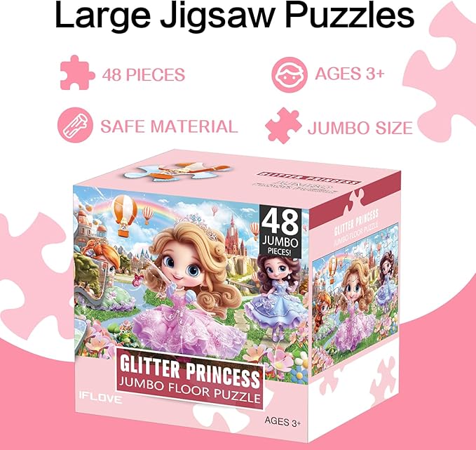 IFLOVE Princess Floor Puzzle for Kids — 48 Piece Jumbo Princess Castle Jigsaw Puzzle, Fairy Tale Puzzle with Prince Unicorn Castle, Educational Toy Birthday for Girls Boys Ages 3-8