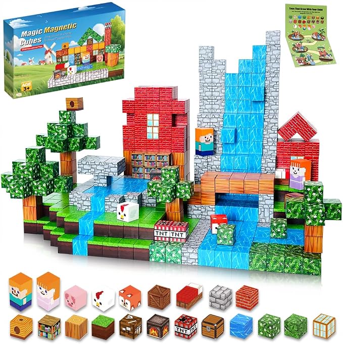 Forest Life Magnetic Blocks 150PCS - Pixel Village Themed Magnetic Cubes Set for Kids Ages 3+, STEM 3D Magnet Tiles Educational Construction Toys Sensory Montessori Stacking Blocks Gifts Girls Boys