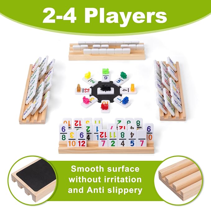 Mexican Train Dominoes Set with 4 Wooden Trays - Double 12 Dominoes Game with 91 Number Tiles, Portable Carrying Case & Accessories - Classic Family Table Game for Kids, Adults & Travel