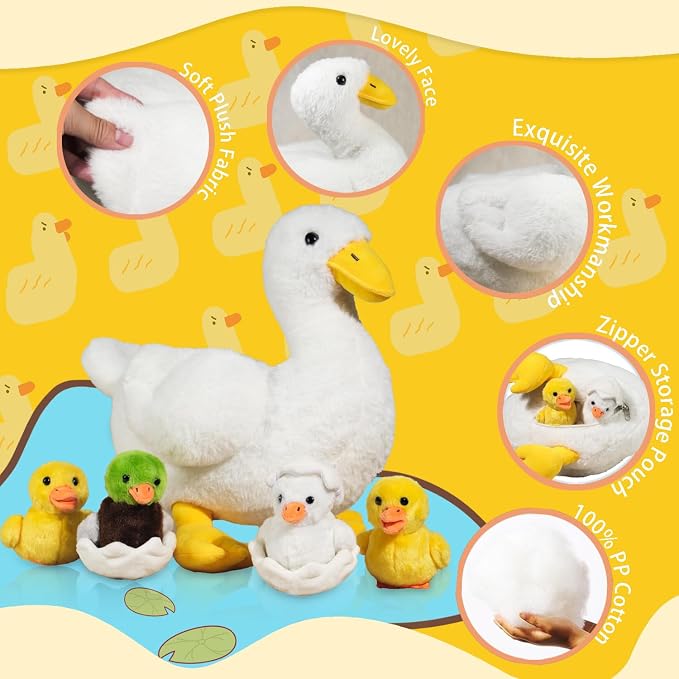 7 in 1 Duck Stuffed Animal, 12" Zippered Mommy Stuffed White Duck Plush Toy with 4 Baby Ducklings and Eggs, Soft Duck Plushie Pillow for Kids Christmas Birthday Gift Farm Party