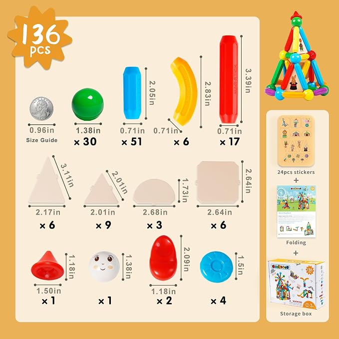 MAGBLOCK 136PCS Magnetic Sticks Toy Building Blocks Capable of Interconnection Magnet Tiles Balls Construction STEM Educational Learning Toys for 3+ Year Old Boys & Girls - Ideal Children's Gift Set