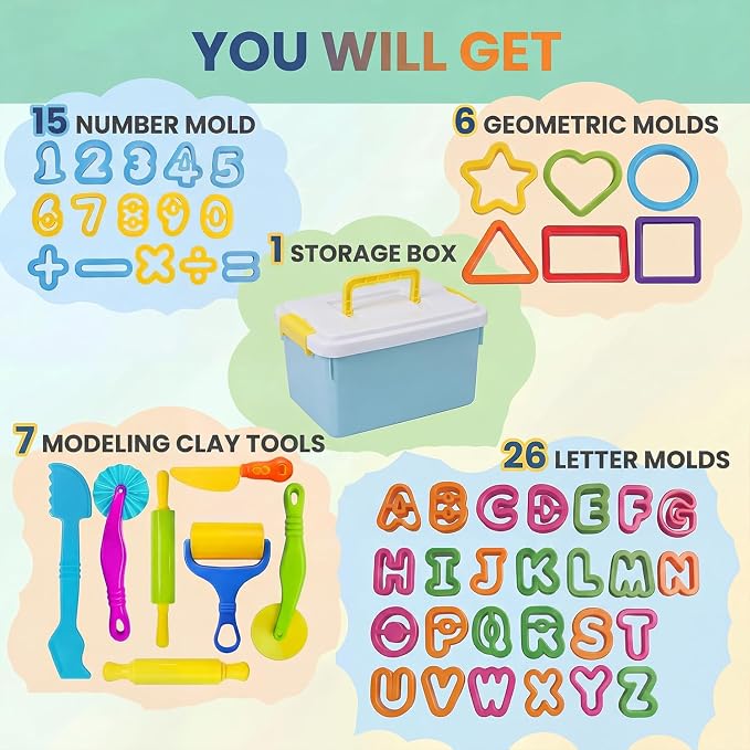 55 Pcs Alphabet & Number Dough Tool Set – Clay Play Kit for Kids with Rolling Pins, Geometric Cutters & Letter Molds, Modeling Accessories for Creative Learning