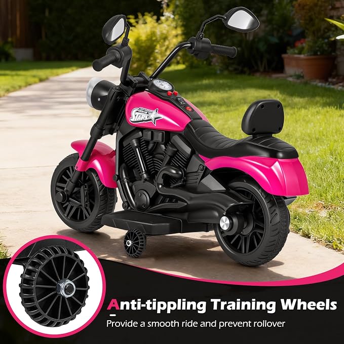 Costzon Kids Motorcycle, 6V Chopper Motorbike Ride on Toy with Headlight, Music, Training Wheels, Electric Toddler Motorcycle for Kids Boys Girls, Gift (Pink, 31" x 23" x 22"(L x W x H))