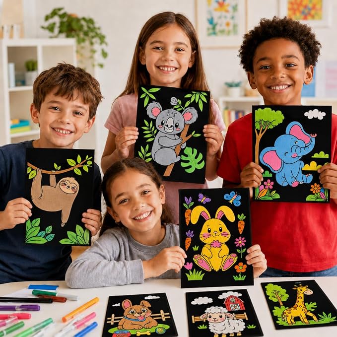 Cinrobiye 48 Pcs Velvet Coloring Posters Cute Animals Fuzzy Posters to Color Bulk Felt Coloring Page Craft for Adults, Teens and All Ages, Classroom, Assisted Living Stress Relief Activities