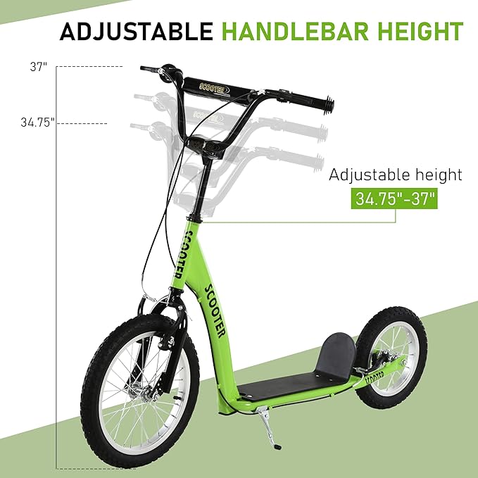 Aosom Youth Scooter Kick Scooter for Kids 5+ with Adjustable Handlebar 16" Front and 12" Rear Dual Brakes Inflatable Wheels