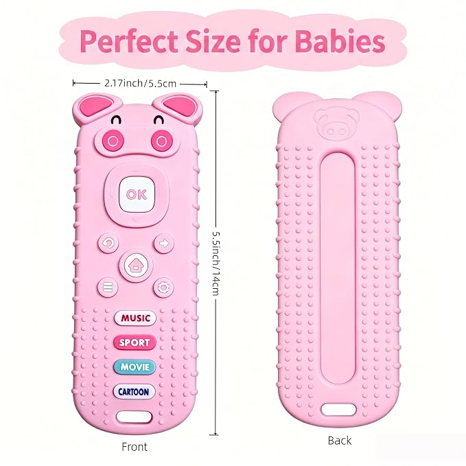 SOLIFEGOBLE Pig-Shaped Remote Teether for Babies 3-18M, Silicone TV Remote Teething Toy, BPA-Free Soft Chew Toy, Teething Relief for Infants Boys Girls (Pink)