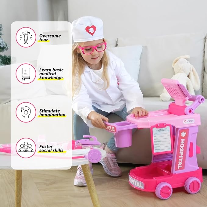 Liberry Doctor Kit for Toddlers Ages 3 4 5, Pretend Kids Doctor Playset with Cart, Costume and Stethoscope, Role Play Medical Toys Birthday Gift for Girls Boys (Pink)
