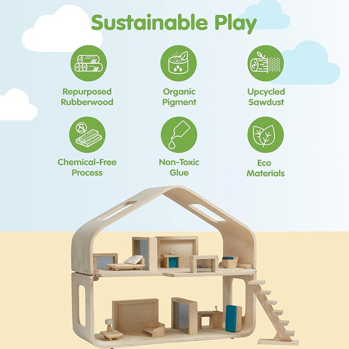 PlanToys® Contemporary Wooden Dollhouse | 2-Story Modular Doll House with Adjustable Walls, Furniture Set & Open Layout | Pretend Play Dollhouse Compatible with 1:12 Scale Accessories
