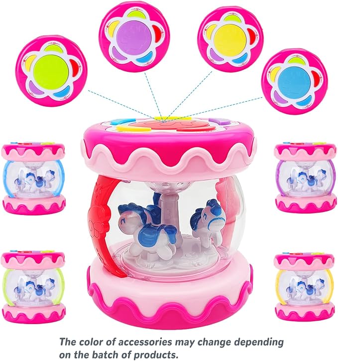 Baby Girl Toys 18+ Months Hand Drum Rotating Musical Light Up Sensory Activity Crawling Toys 2 3+ Year Old Infant Girls Baby Gifts (Pink)