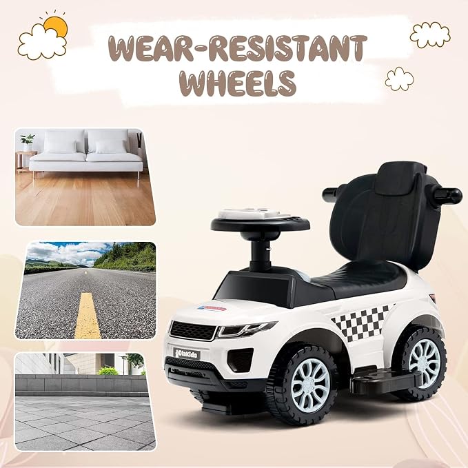 OLAKIDS 4 in 1 Ride on Push Car, Toddlers Stroller Sliding Walking Toy with Horn, Music, Lights, Removable Guardrails Handle, Underneath Storage, Foot-to-Floor Walker for Boys Girls (Ivory White)