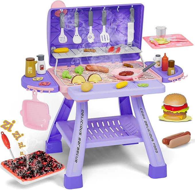 Kids BBQ Grill Playset with Sound Light&Realistic Smoke, Toddler Kitchen Barbecue Toy Game, Outdoor Backyard Pretend Play Grill for Girls Boys, Play Food Cooking Set, Christmas Birthday Gift for 3-5