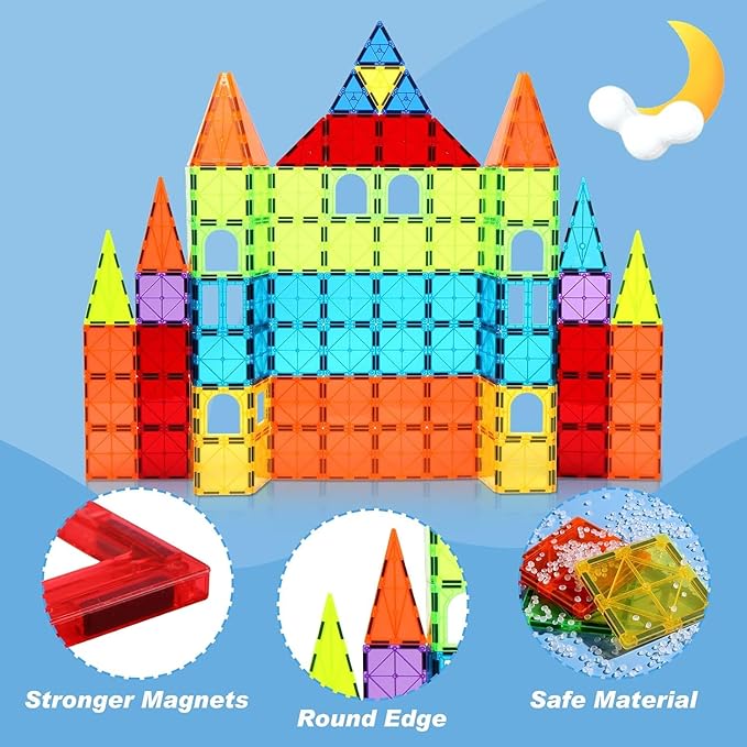 OugerToy 32-Pack Magnetic Tiles–Rainbow Builder Set, 2.95in STEM Construction Kit with Transparent Windows, Expand Creative Play for Kids