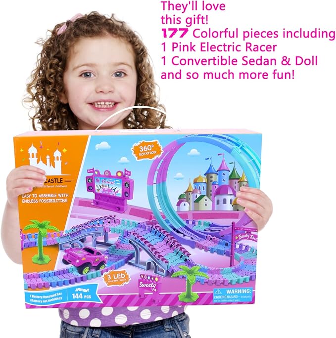 Tracks Car Toys for 3 4 5 6 Year Old Girls Kids,177 PCS 360°Rotating Track Flexible Car for Girls 3-5 Toddler Flex Track Race Cars Toys Birthday Gifts