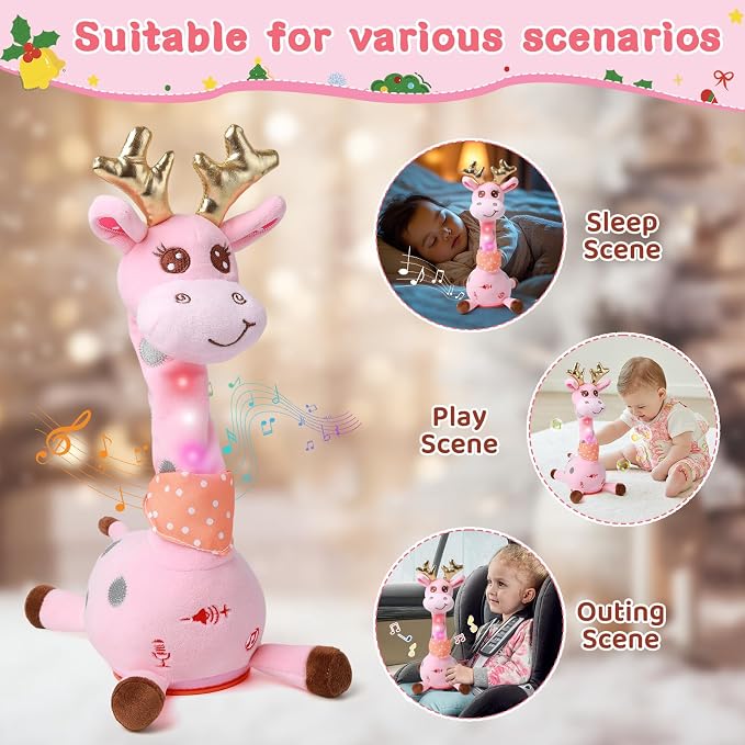 Dancing Talking Giraffe Toy, Stuffed Animal Baby Toy Repeating What You Say, Glowing Musical Giraffe Gifts for Toddlers 1-3 Years Old, for Kids (Pink Giraffe with Golden Antlers)