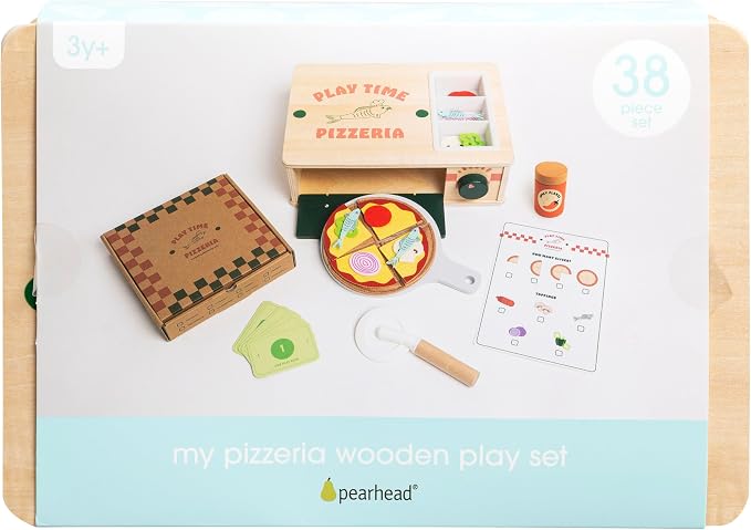 Pearhead Wooden Pizzeria Montessori Pretend Play Food Set, 38-Piece Play Kitchen Accessories, (38 Pcs) Toy Pizza Oven with Pizza Toppings Food Set, Preschool Toys for Toddlers, Ages 3+ Years