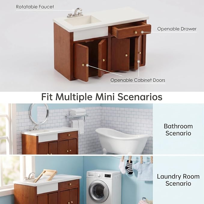 Dollhouse Furniture 1/12 Scale Miniature Sink Cabinet Wooden Bathroom Vanity Cabinet with Openable Drawer and Doors (Brown)