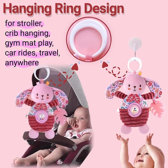 Baby Crib Toys Hanging Stroller Car Seat Toy for Infant 0-2-3-4-5-6-7-8-9 Month Old, Newborn Infant Girl Gifts Carseat Sensory Rattle Crinkle Teething Teether for Babies 6-12 Month Essentials