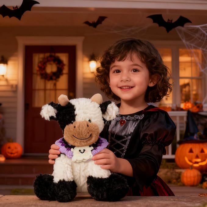 Hopearl Adorable Halloween Plush Cow Toy with Knitted Cute Ghost Bib Floppy Kawaii Dairy Cattle Soft Stuffed Animal Gifts for Boys Girls Kids Toddlers, 9''