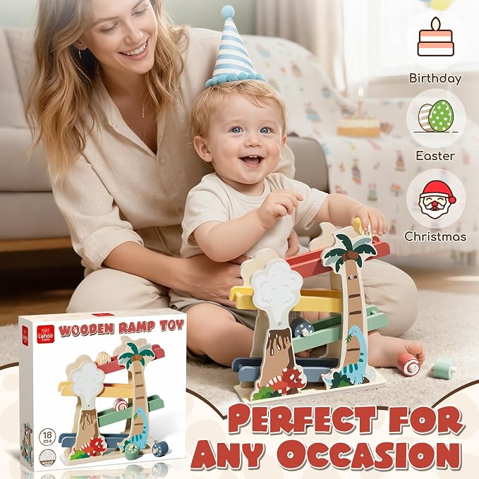 Lehoo Castle Wooden Car Ramp Toys for 1 Year Old Boy Birthday Gifts, Dinosaur Montessori Toys for 1 2 Year Old, Wooden Race Track with 4 Rollers Toddler Toys for 2 Year Old Boy
