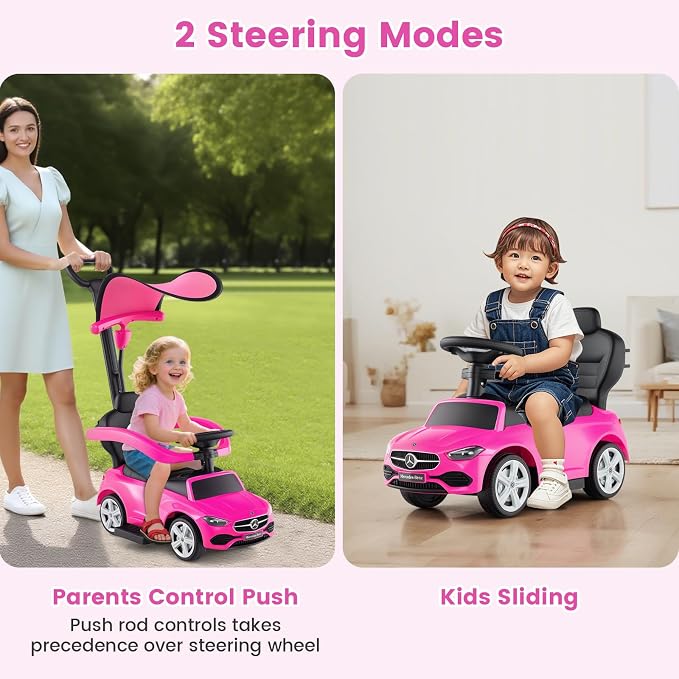 OLAKIDS Push Car for Toddlers, 3 in 1 Licensed Mercedes Benz Baby Sliding Walking with Parent Control Handle Adjustable Canopy Guardrail Under Seat Storage, Kids Ride on Toys with Horn (Pink)