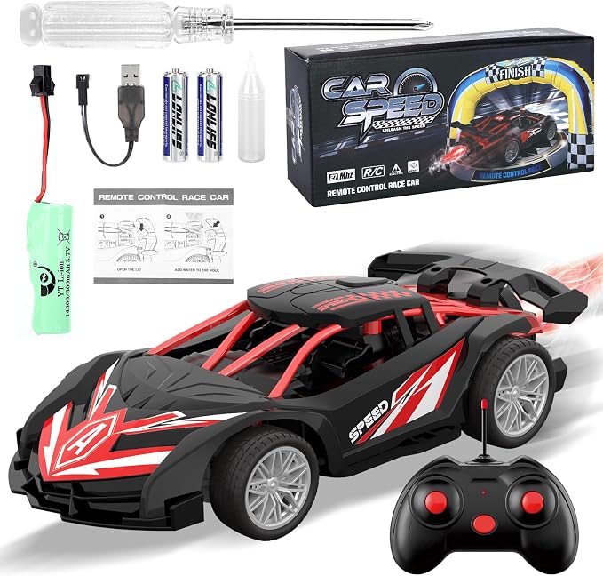 1/18 RC Car for Kids with Rechargeable Battery, LED Lights & Spray - Remote Control Car for Boys, Small RC Drift Cars for Ages 4-7 8-12(Black & Red)