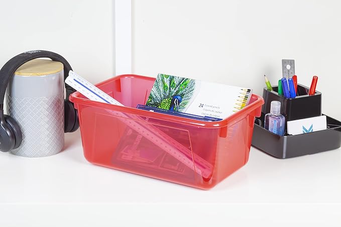 Storex Small Cubby Bins – Plastic Storage Containers for Classroom with Non-Snap Lid, 12.2 x 7.8 x 5.1 inches, Tint Red, 5-Pack (62481A05C)