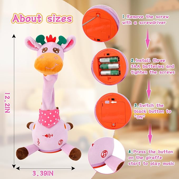 LUKETURE Purple Musical Talking Dancing Giraffe Plush Toy, Talking Baby Toy with Lights, 10 Songs and Voice Repeat, Soft Sensory Gift