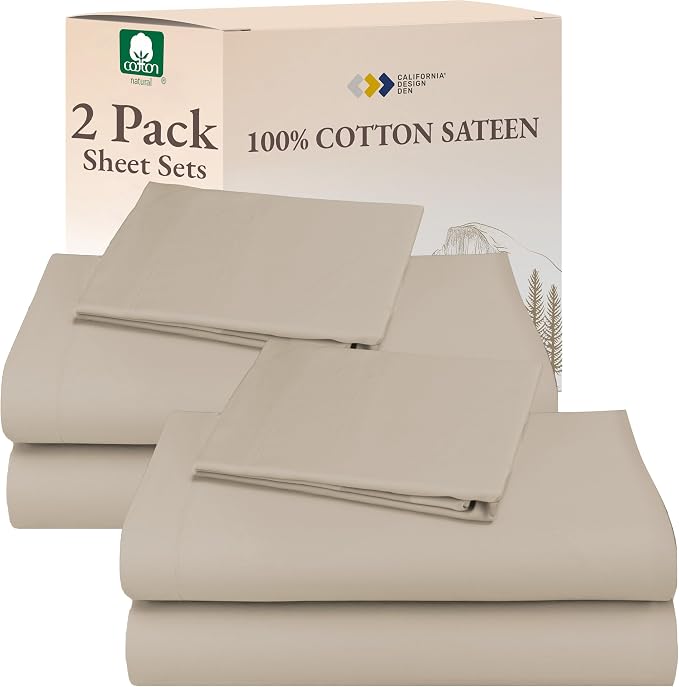 California Design Den 100% Cotton Pack of 2 Twin Size Bed Sheets, Soft & Durable Twin Bed Sheets Set with 12" Pockets, Twin Sheet Set with Sateen Sheets - Beige (Warm Taupe)