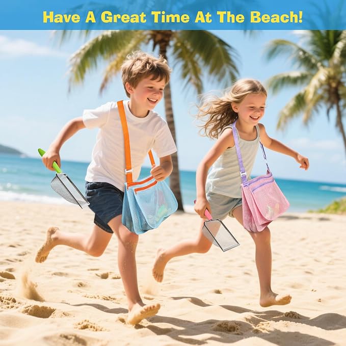 Beach Toy Set Include 3 Mesh Shovels and 3 Beach Mesh Bags,Kids Sand Sifter Colorful Mesh Bag for Shells Collecting
