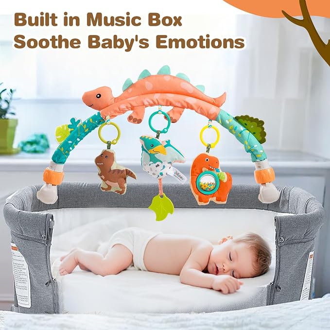 Jollybaby Bassinet Stroller Crib Mobile Toy for Baby 0-6-12 Months, Infant Clip On Arch Hanging Toy, Montessori Sensory Nursery Mobiles Toy for Newborn Gift - Dinosaur