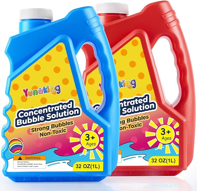 Yunaking Bubbles Solution Concentrated 64oz (Makes 5 Gallons), Non-Toxic Bubbles Refills for Bubble Machine, Gun, Wand, Mower, Giant Bubble Toys for Kids Parties Outdoor Easter Wedding(Red+Blue)