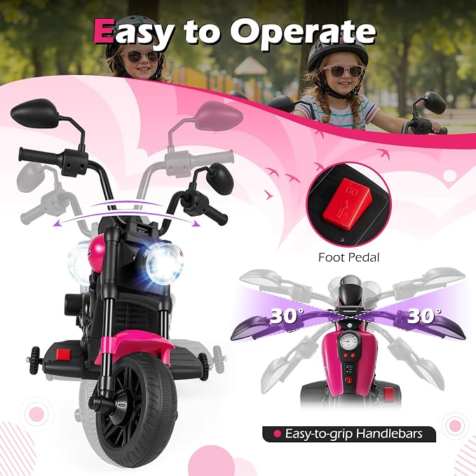 Costzon Kids Motorcycle, 6V Chopper Motorbike Ride on Toy with Headlight, Music, Training Wheels, Electric Toddler Motorcycle for Kids Boys Girls, Gift (Pink, 31" x 23" x 22"(L x W x H))