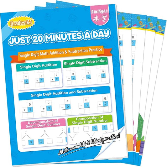 Addition and Subtraction Practice Worksheets Single Digit Math Problem Workbook for Pre-Kindergarten, Kindergarten, and 1st Grade Students for Ages 3-7, 56 Pages Front and Back, 5 Question Types