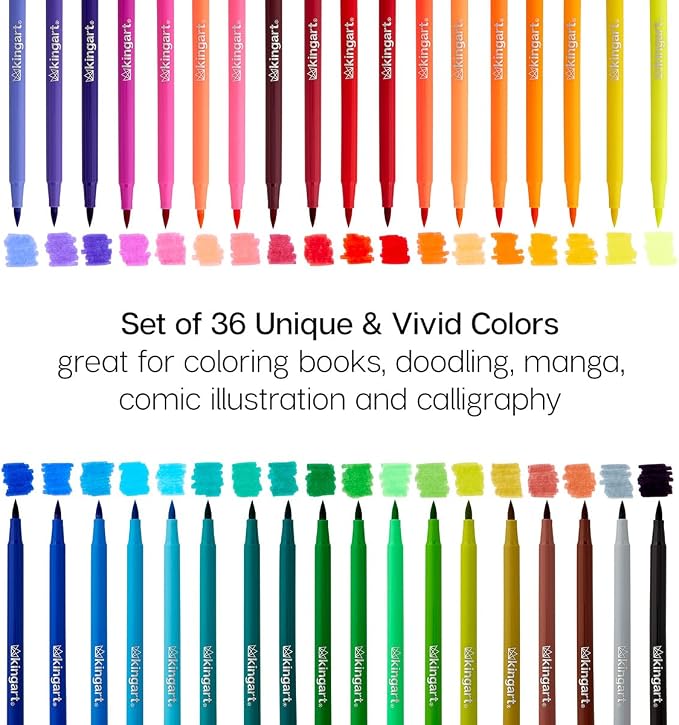 KINGART Watercolor Brush Marker Set – 36 Vivid Colors – Flexible Nylon Tips for Sketching, Drawing, Calligraphy, & Painting – Reusable Storage Case Included