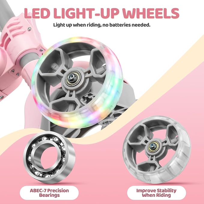 Kids Scooter with Seat, 2 in 1 Kick Toddler Scooter with LED Light-Up Wheels and Light up Deck, 4 Adjustable Heights, Lean to Steer, 3 Wheels Scooter Suitable for Boys & Girls Ages 2-8 Years
